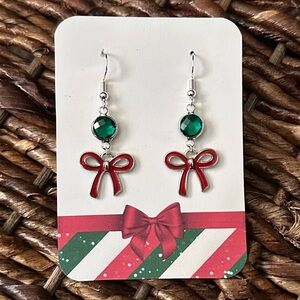 New Handmade Silver-Tone Red, Green, and Gold Bow Dangle Earrings
